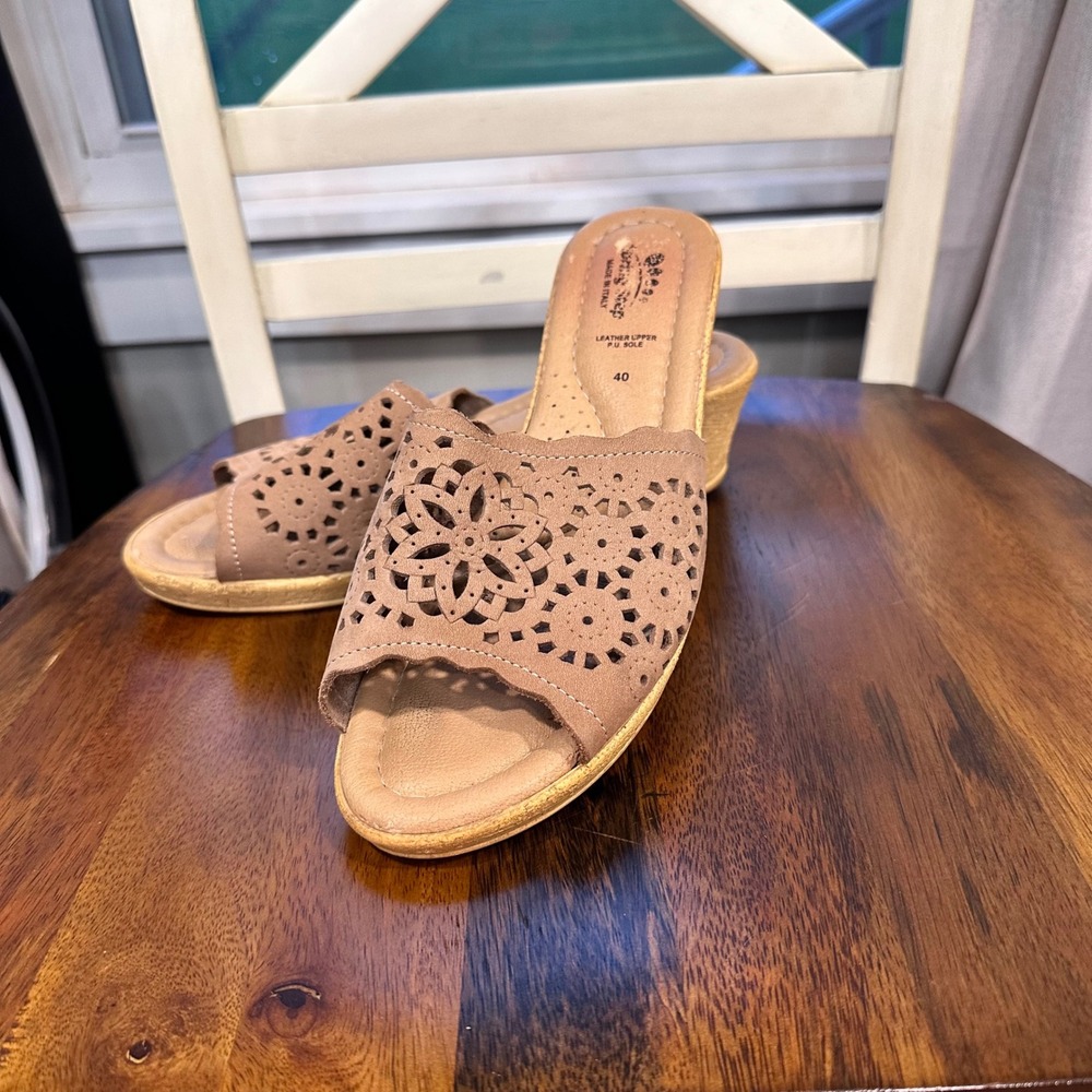 Spring Step Wedge Sandals Women Tan Laser Cut Floral Leather Slide Italy 40 9